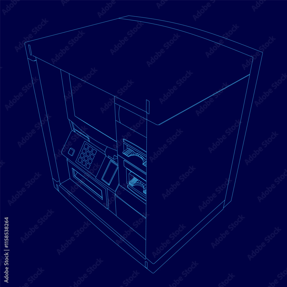 Poster blue box with a black screen and a keyboard. the box is a vending machine