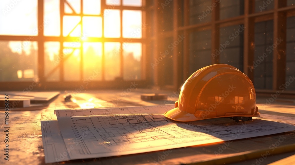 Poster A construction site is bathed in warm sunset light, highlighting an orange hard hat resting on blueprints. The setting emphasizes the importance of safety and planning in building projects.
