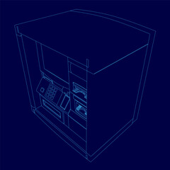 Blue box with a black screen and a keyboard. The box is a vending machine