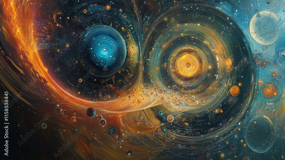 Poster abstract artificial intelligence on atomic and technology background with big data.