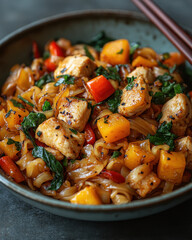 Stir-fry or noodle dish with chicken, bell pepper, cilantro, kale/spinach, and sesame seeds on dark surface in restaurant/kitchen environment for food and recipe stock photography