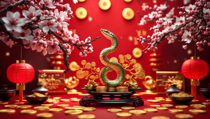 Red and gold chinese snake new year 2025 background, luxurious chinese new year 2025, Red and gold year of snake chinese new year