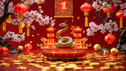 Red and gold chinese snake new year 2025 background, luxurious chinese new year 2025, Red and gold year of snake chinese new year