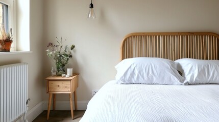 Cozy bedroom with a wooden bed and a small nightstand.
