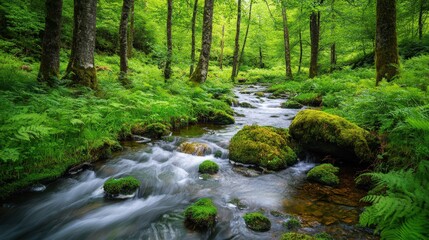 Obraz premium Serene forest stream with vibrant green foliage and mossy rocks, inviting relaxation and peace in nature.