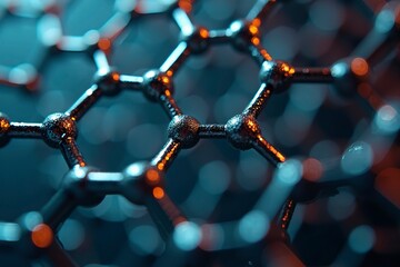 Microscopic view of graphene structure revealing intricate atomic patterns. Advanced material science and nanotechnology exploration.