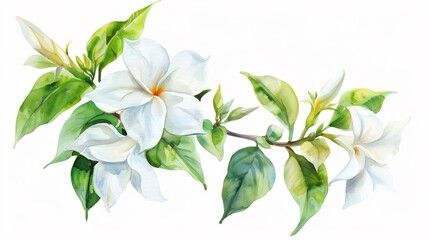 Obraz premium Watercolor Painting of White Flowers and Green Leaves