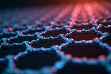 Microscopic view of graphene structure revealing intricate atomic patterns. Advanced material science and nanotechnology exploration.
