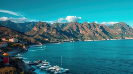 Obraz premium A breathtaking coastal view featuring mountains, a serene sea, and boats, capturing the essence of nature's beauty.
