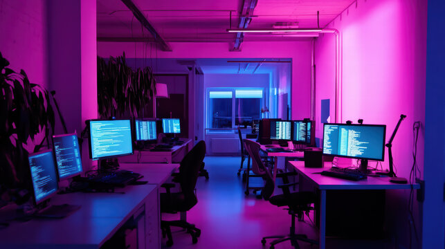 futuristic coding lab featuring multiple computer screens displaying programming code in vibrant purple and blue lighting. atmosphere is tech savvy and modern