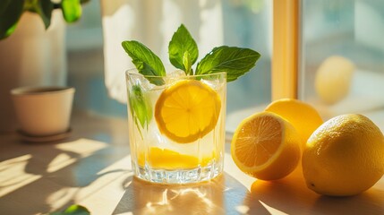 Refreshing lemonade with mint and ice cubes on sunny window sill