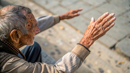 Fototapeta premium Photo of an elderly man extending his hand in a request for help. Feeling of compassion and sympathy, social problems, theme of poverty.