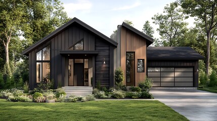 Modern Farmhouse 3D Render: Luxurious Home Design in a Wooded Setting AI Generated