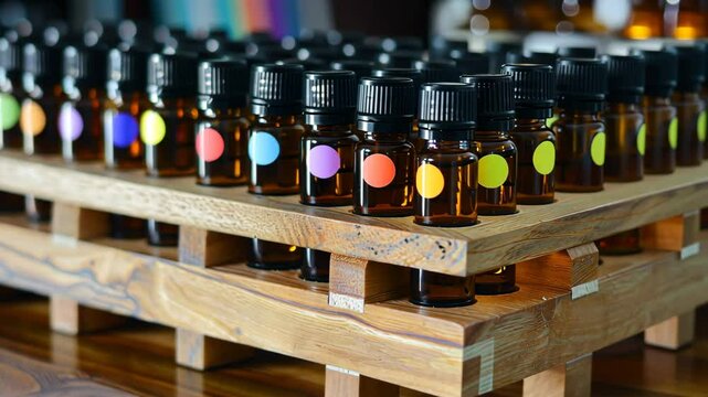 A stand with holes holds many small dark glass bottles with black plastic caps and colorful large labels. These are likely bottles for essential oils, perfumes, or similar products.