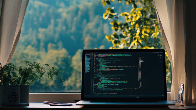 serene coding environment with Python code on screen, surrounded by nature. laptop sits by window, showcasing beautiful view of trees and greenery