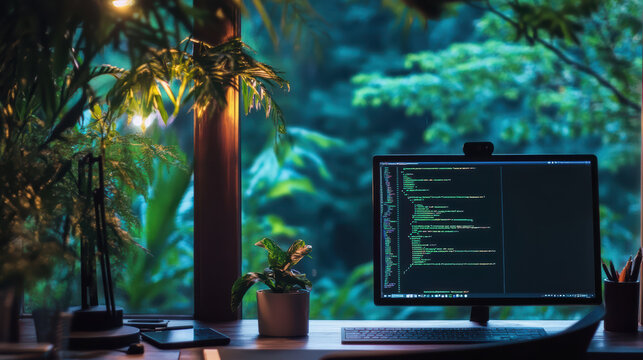 serene coding environment with computer screen displaying Python code, surrounded by lush greenery and warm lighting, creating peaceful workspace