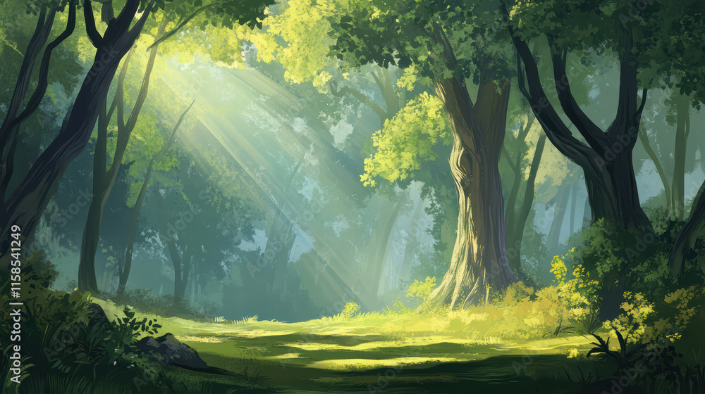 Poster serene forest scene with sunlight filtering through trees, creating peaceful atmosphere. vibrant gre