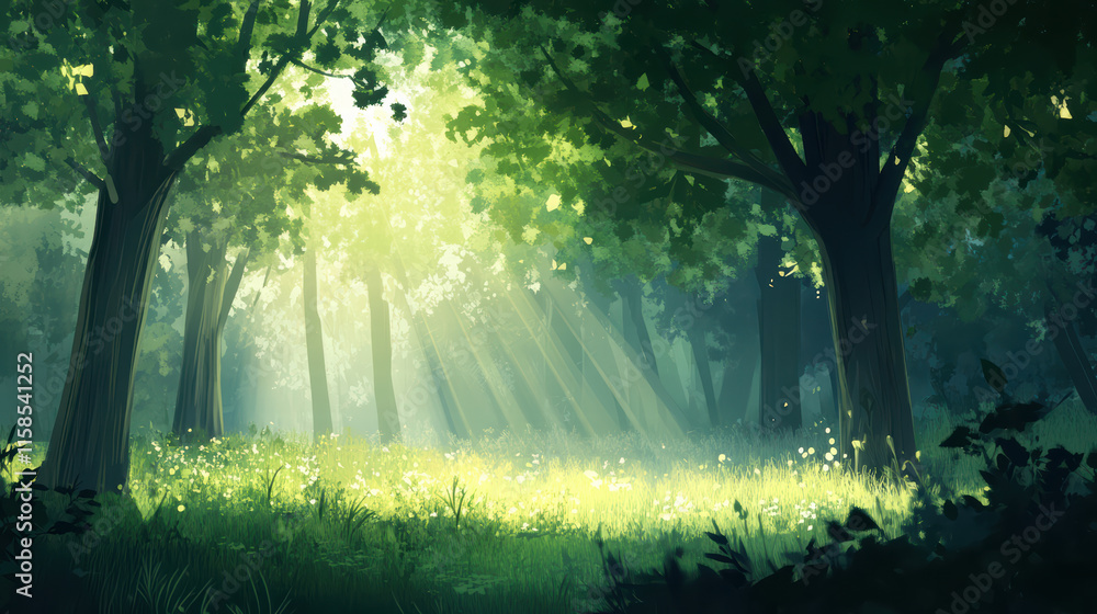 Poster serene forest scene with sunlight filtering through trees, creating peaceful atmosphere. vibrant gre