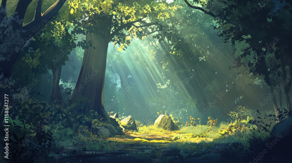 Aufkleber serene forest scene with sunlight filtering through trees, creating tranquil atmosphere. vibrant gre