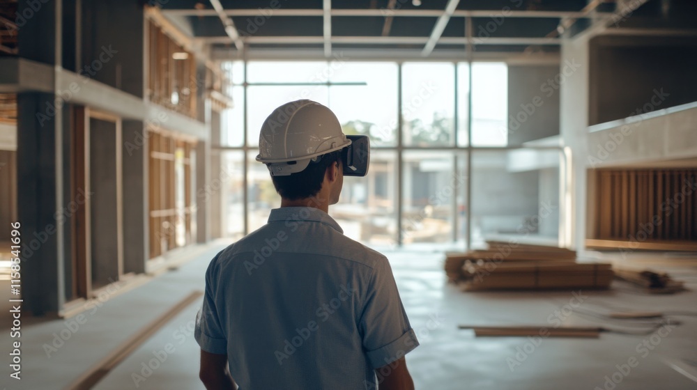 Poster a construction manager wearing a virtual reality headset examines the unfinished space of a new real