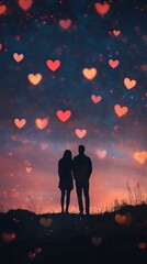 Fototapeta premium Romantic Stargazing Night Sky Vector Illustration, Romantic Night Sky Scenes,Valentine’s Day, Day of Love 