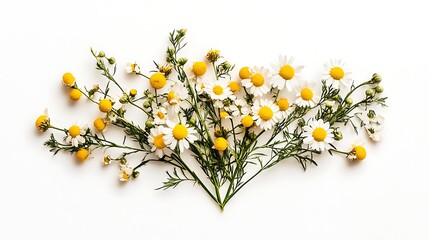 Chamomile Flower Arrangement: Flat Lay Photography on White Background AI Generated