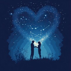 Fototapeta premium Romantic Stargazing Night Sky Vector Illustration, Romantic Night Sky Scenes,Valentine’s Day, Day of Love 