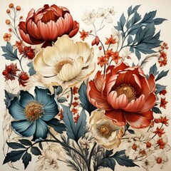 Elegant Blue and Red Botanical Vintage Art Print