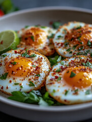 Sunny-Side Up Eggs with Herbs, Lime, and Avocado on Dark Surface for Culinary Marketing