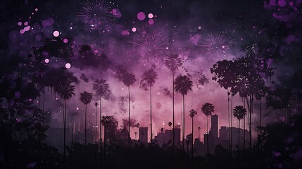 Purple Night Sky over Los Angeles Cityscape: Digital Painting of a Dreamlike Fireworks Display AI Generated