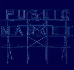 Public market is a sign that is blue. It is a sign that is on a building