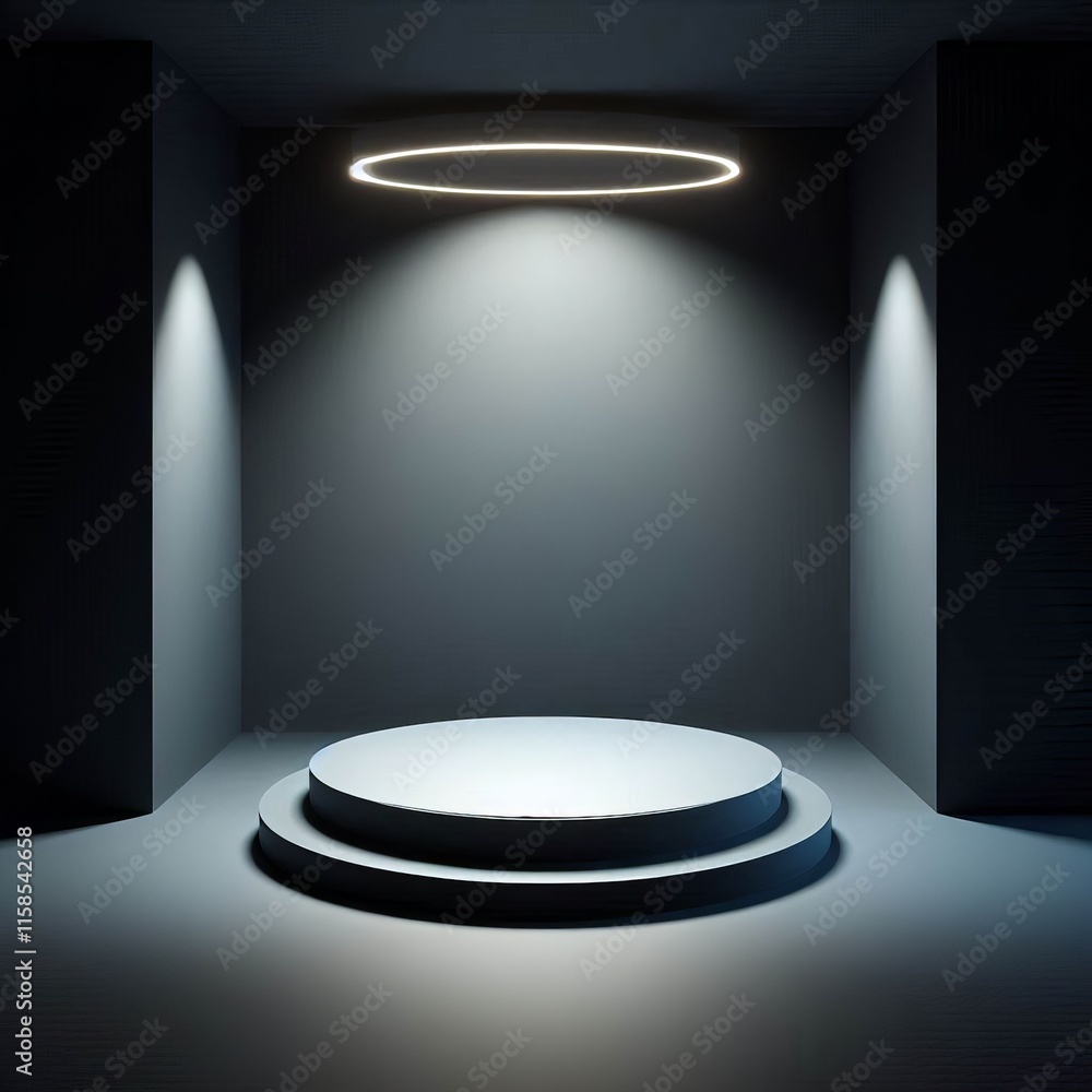 Poster dark empty room with spotlights and a shelf for exhibit in a gallery space