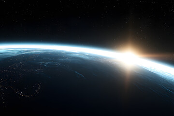 Stunning view of Earth from space with the sun rising on the horizon; perfect for themes of space exploration, science, global unity, and futuristic designs