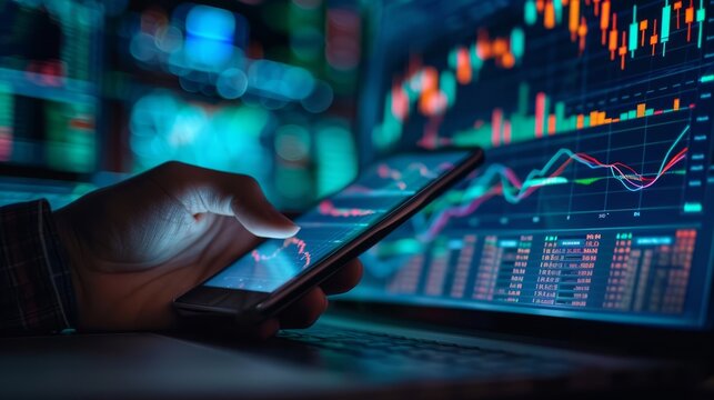 trader hand with mobile phone and computer screens with trading candlestick charts