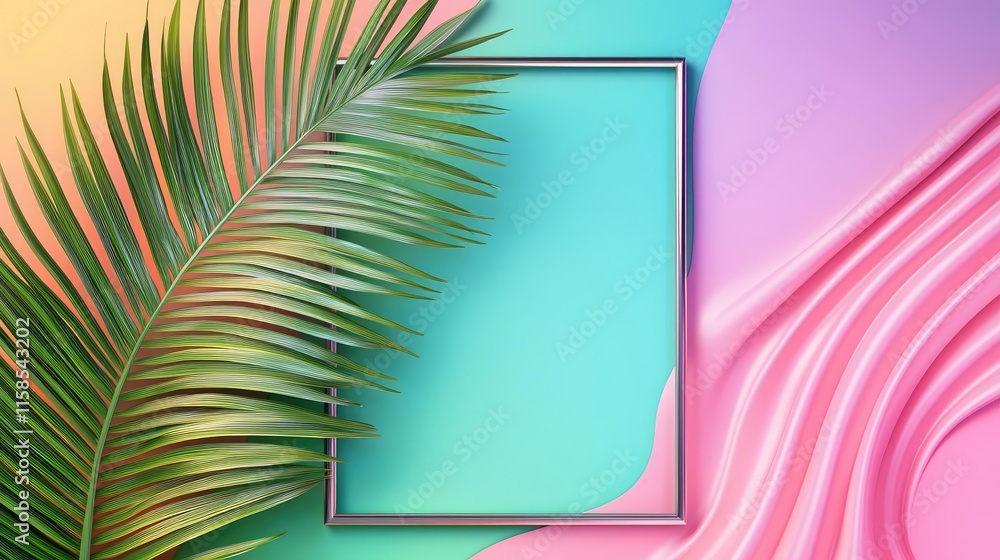 Poster palm leaves abstract background concept. a vibrant tropical palm leaf frames a colorful abstract bac