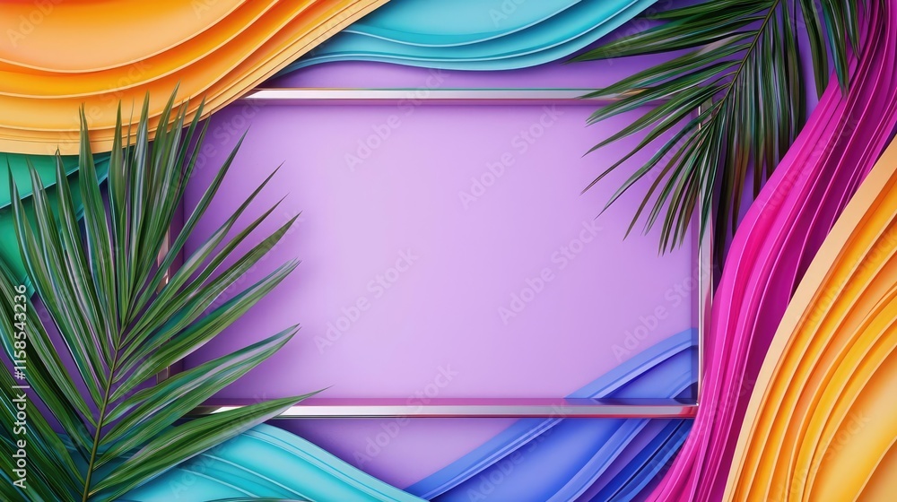 Poster palm leaves abstract background concept. vibrant abstract background with colorful waves and palm le