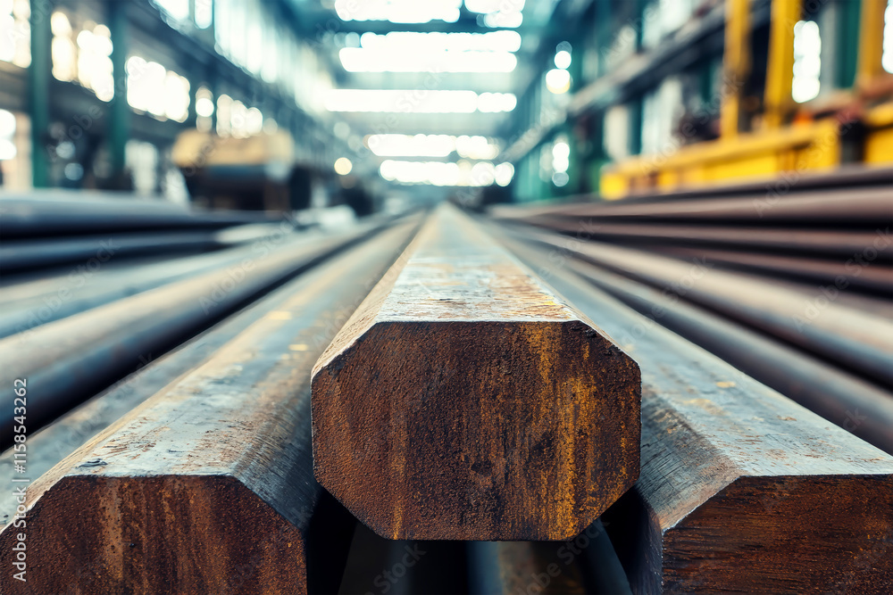 Poster close-up view of long steel hexagonal rods in a rustic factory setting showcasing their smooth and s