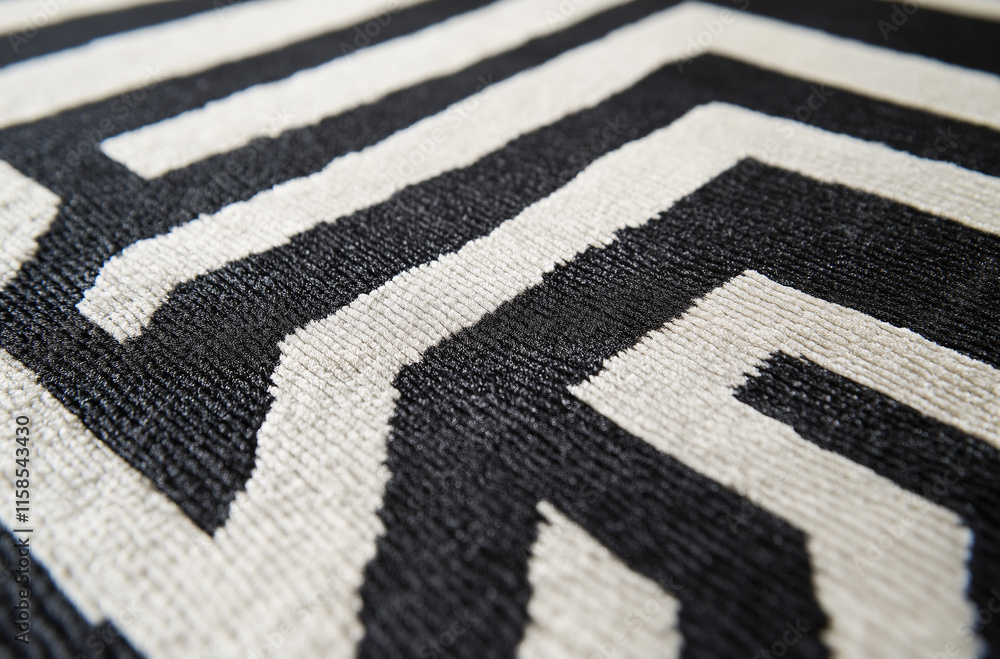Poster black and white optical illusion pattern with diagonal lines, creating a sense of depth and symmetry
