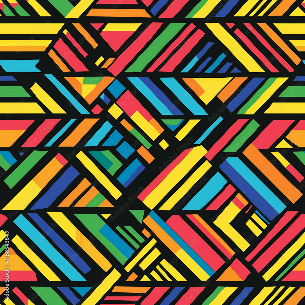 Poster vibrant abstract geometric pattern with colorful stripes and shapes on a black background, creating 