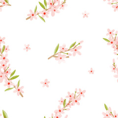 Cherry blossoms, seamless pattern. Sakura flowers, gentle blooms, endless design for spring fabric, textile, wrapping, wallpaper. Repeating botanical print. Printable flat vector illustration