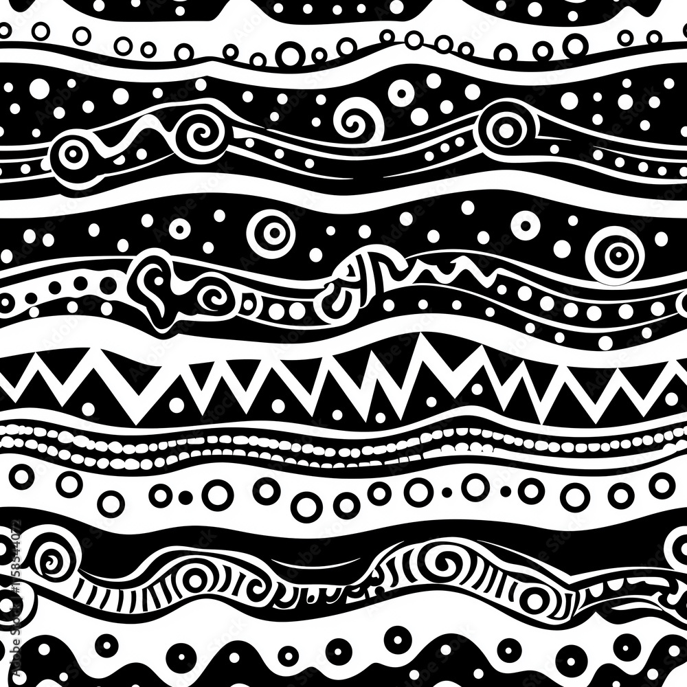 Poster abstract black and white pattern featuring wavy lines and various geometric shapes.