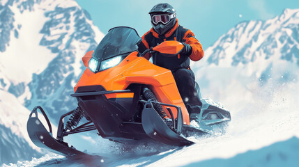 Rider expertly maneuvering an orange snowmobile across snowy mountain terrain in a thrilling winter adventure