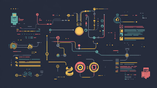 Infographic illustrating coding process in Python with colorful diagrams, flowcharts, and symbols representing various programming concepts and data flow