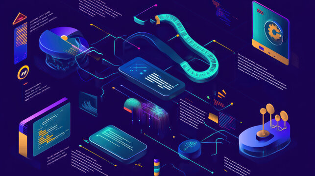 Infographic illustrating coding process in Python, featuring visual elements like charts, code snippets, and data flow, showcasing complexity and creativity of programming