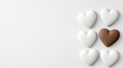 Obraz premium Heart-shaped candies in white and brown on a light background, symbolizing love.