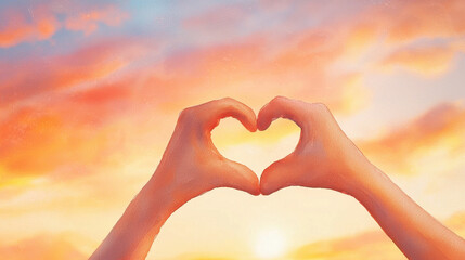 Fototapeta premium Hands forming heart shape against colorful sunset sky