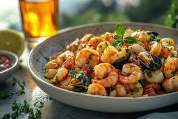 High-resolution pasta dish with shrimp, garnished, dark surface, outdoor dining, beer and lemon, warm lighting