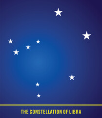 Libra constellation. Simple vector illustration of the zodiac sign with stars and lines on a dark blue night sky background.