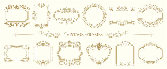 Elegant vector set of vintage text frames in gold on a cream background. Perfect for invitations, greeting cards, wedding designs, menus, and branding. Classic ornamental style with decorative swirls.