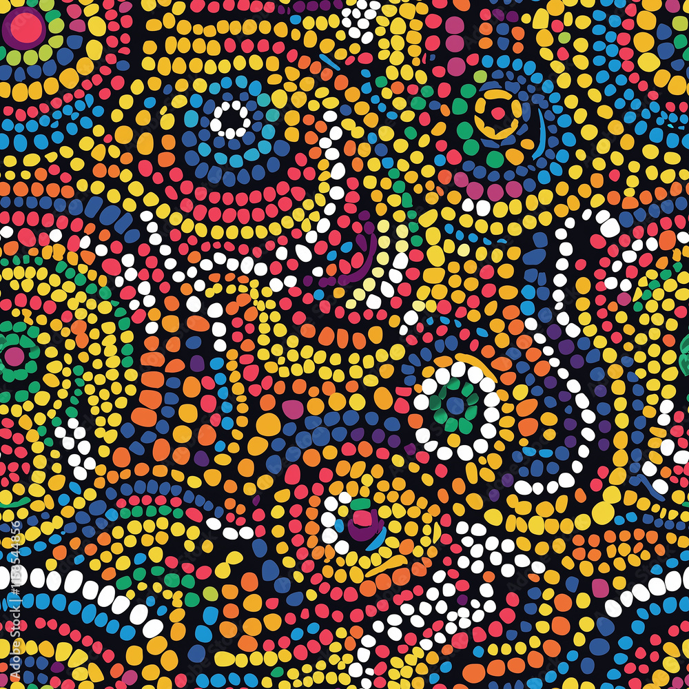 Poster colorful abstract pattern made of circular dots in vibrant hues, creating a lively and dynamic visua